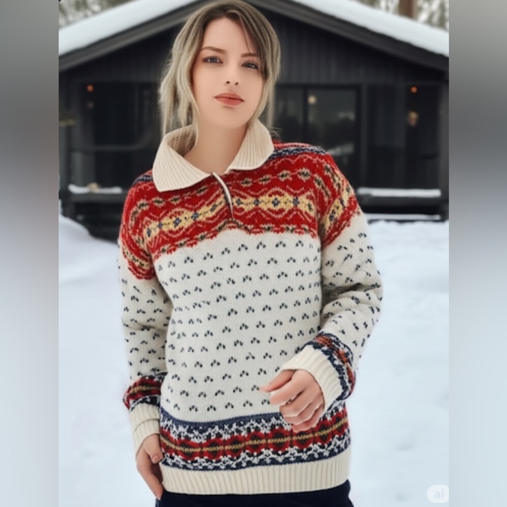 Lizwear vintage fair isle zip neck sweater wool cream red small petite